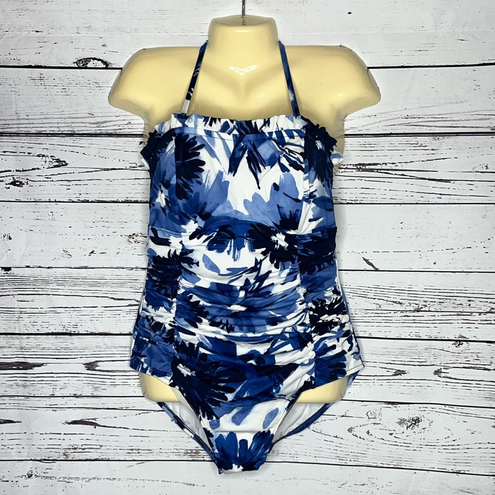 Upstream NWT Size 14 Blue Abstract Floral One Piece Halter Bathing Suit Swimsuit